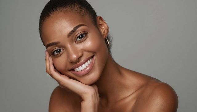 Smiling model resting hand on cheek with glowing skin, gold hoop earring and bare shoulders