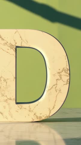 Vertical video of marble letter D glowing on glossy floor with warm studio lighting
