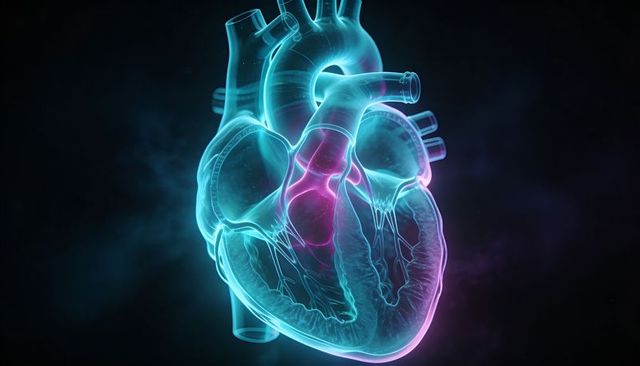 Glowing Translucent 3D Heart Rotating with Aortic Arch Highlighted in Neon Cyan and Pink