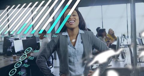 Confident Businesswoman Presenting Analytics in Modern Office Environment