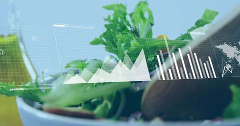 Fresh mixed greens blending with digital analytics and infographic overlays for food data
