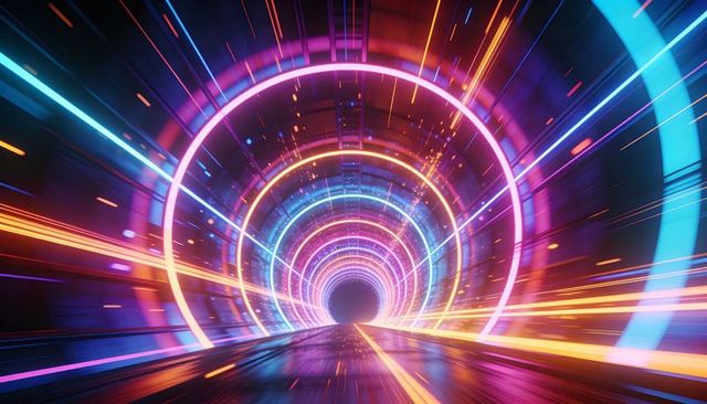 Racing through futuristic neon tunnel of glowing rings and light trails