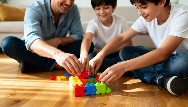 Father playing with sons building colorful block structure on sunlit hardwood floor