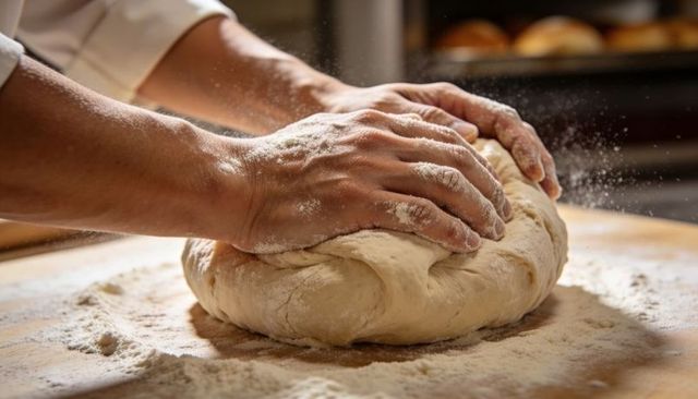Artisanal Baker Kneading Rustic Dough with Flour Dust on Wooden Bench