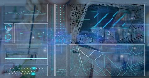 Futuristic Digital Dashboard Interface on Laptop in Office