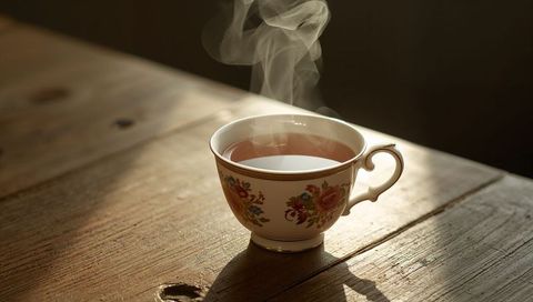 Steam Rising From Porcelain Floral Teacup on Sunlit Rustic Wooden Table, Warm Morning Tea