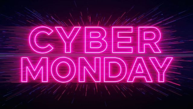 Neon cyber monday sale banner glowing magenta text radial motion streaks futuristic glow