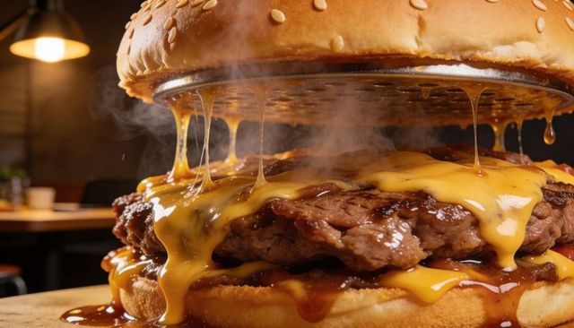 Sizzling cheeseburger melting cheese dripping over charred beef patty with glazed bun