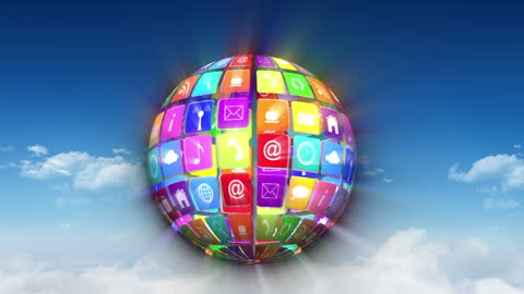 Digital Globe with Colorful Icons Against Sky Backdrop