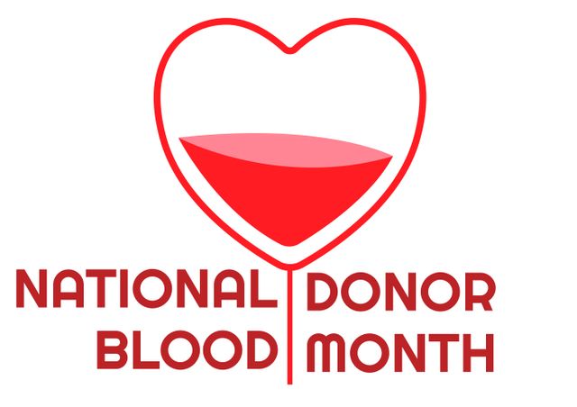 Digital composite image of national blood donor month text below red heart shape on white background. awareness and healthcare.
