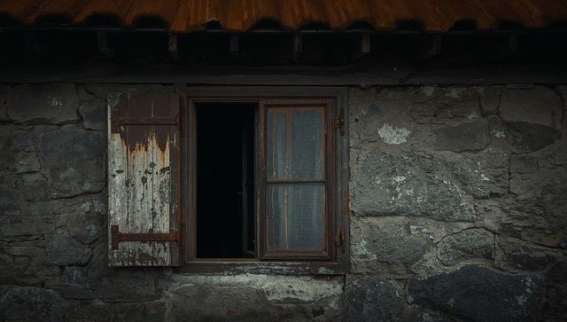 Weathered window on rustic stone facade