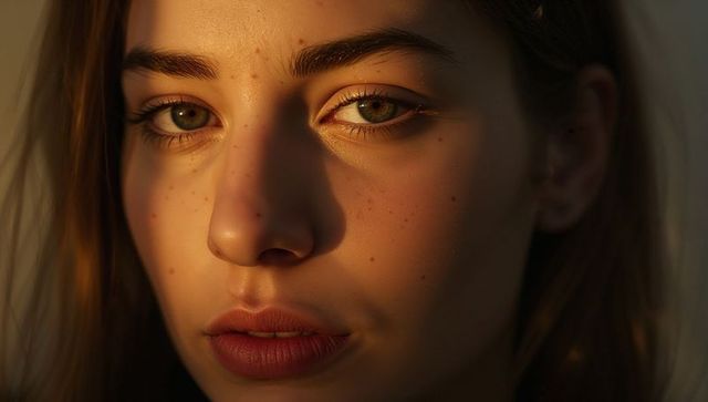 Close-up freckled young woman gazing in warm golden hour light, soft intimate portrait