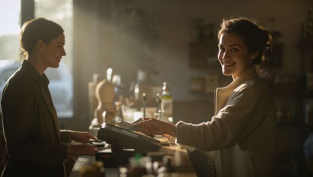 Smiling cashier processing contactless card payment at cozy sunlit cafe counter