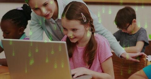 Teacher Guiding Girl Typing on Laptop with Binary Code Overlay for Classroom Coding