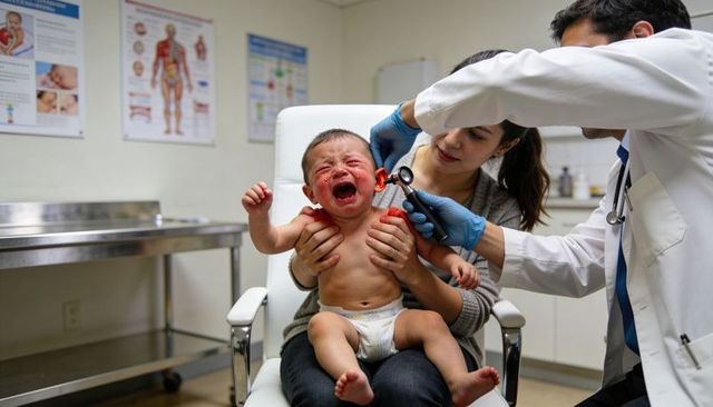 Crying baby receiving ear examination from pediatrician while caregiver comforting