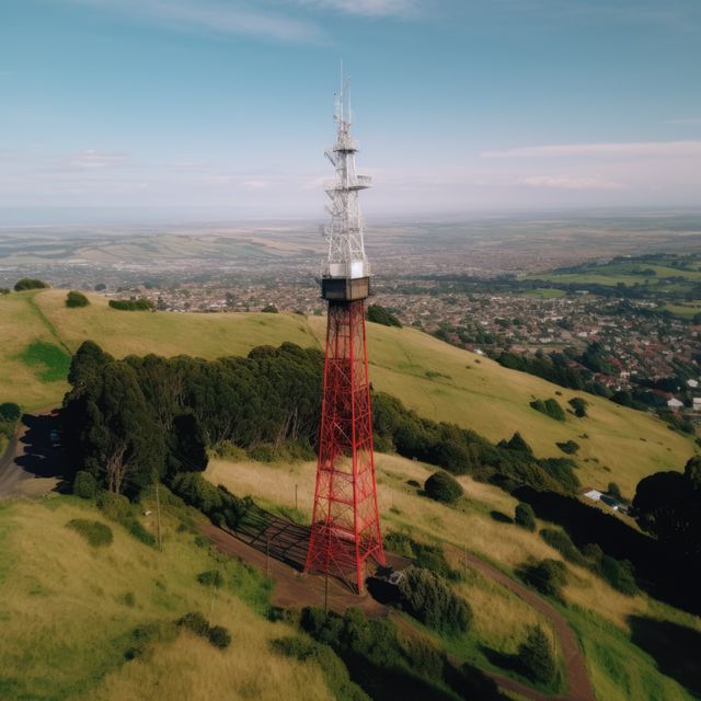 Telephone tower in countryside area outside city, copy space, created using generative ai technology. Communication, cell tower and wireless telephone technology concept digitally generated image.