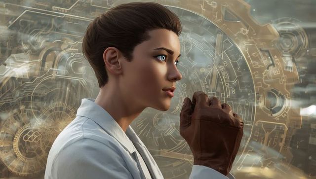 Scientist in Lab Coat Holding Leather Gloves Studying Futuristic HUD and Gear Schematics