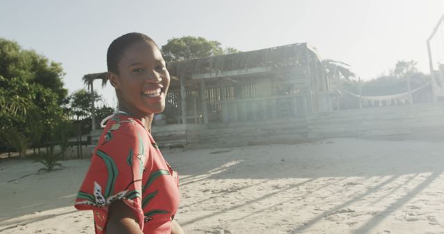 Smiling Woman Enjoying Sunny Day at Tropical Beach Retreat - Download Free Stock Images Pikwizard.com