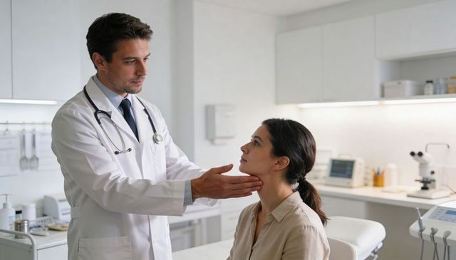 Physician performing neck palpation during thyroid check in modern clinical consultation