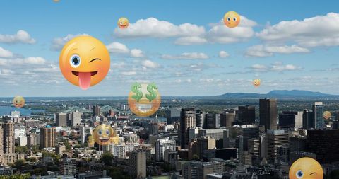 Surreal Cityscape with Floating Emoji Icons - Download Free Stock Images Pikwizard.com