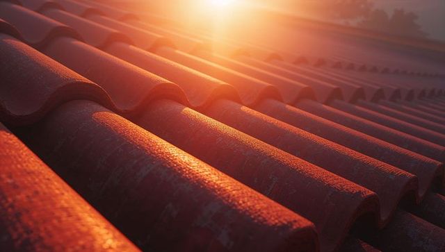 Sunrise Illuminating Red Curved Roof Tiles with Glowing Light