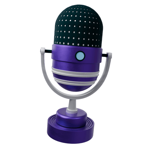 Transparent 3d retro microphone purple teal silver yoke for podcasting and broadcasting