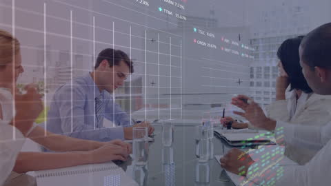 Business Team Meeting with Digital Data Overlay