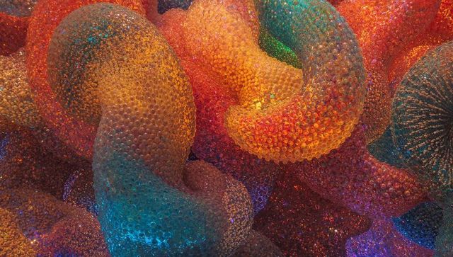 Glowing Iridescent Beaded Tubular Abstract Twisting Gradient Texture, Vibrant Macro