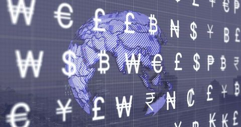 Multiple currency symbols overlay on digital globe