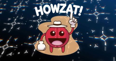 Howzat! cheerful red ball mascot cheering with straw hat and white gloves