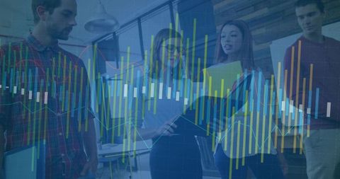 Business Team Analyzing Data in Modern Workspace with Graph Overlay