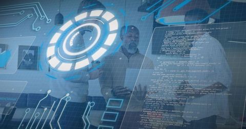 Tech team collaborating around holographic hud with code overlays and data visualization