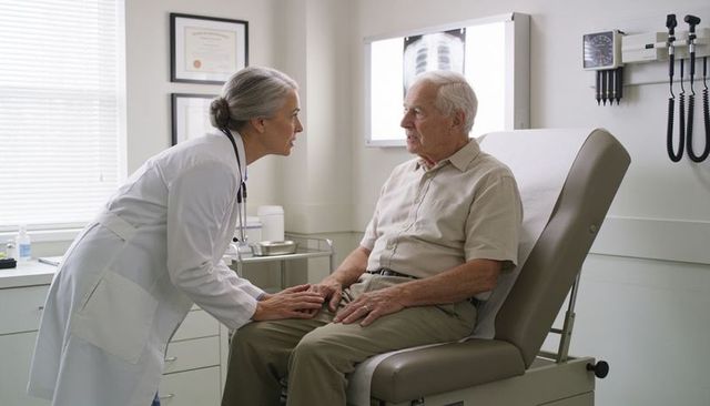 Female physician comforting and examining senior male patient during routine health visit