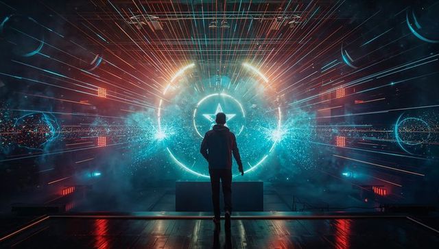 Man Standing Before Glowing Futuristic Portal on Stage with Holographic Elements