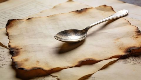 Tarnished silver teaspoon resting on scorched parchment with burnt edges and sepia tones