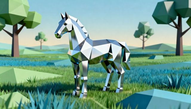 Reflective Low-Poly Chrome Horse Standing on Polygonal Meadow at Soft Sunrise