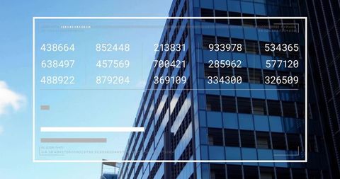 Hud data overlay on modern glass high-rise facade with analytics dashboard