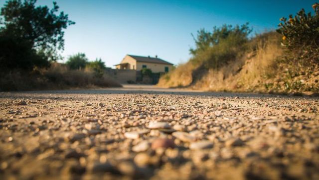 Low-angle pebble road guiding view toward sunlit country house through golden embankments