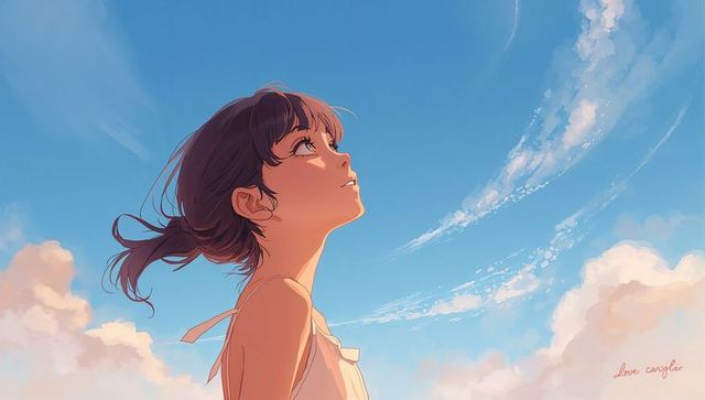 Gazing anime girl tilting head upward under sunlit blue sky with wispy cirrus clouds
