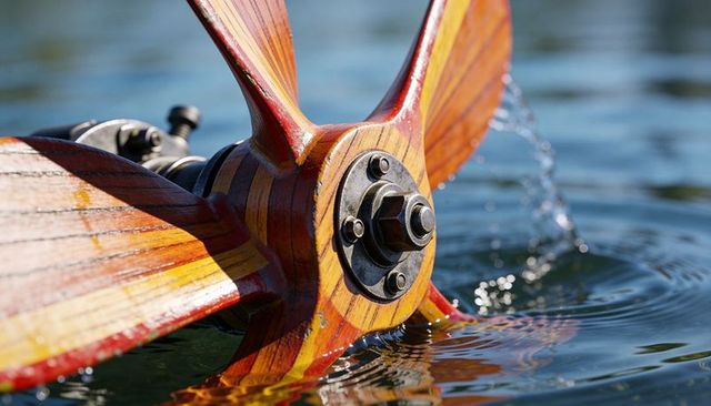Varnished wooden boat propeller spinning in lake creating splashes and water ripples