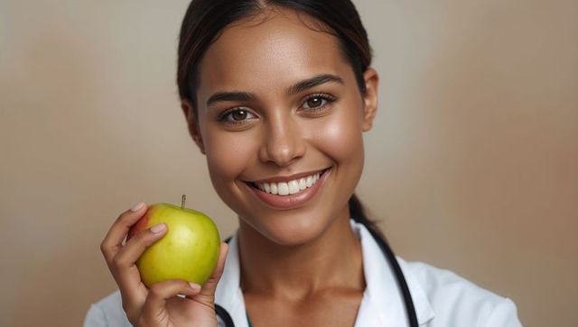 Smiling Female Doctor Holding Green Apple for Healthy Living