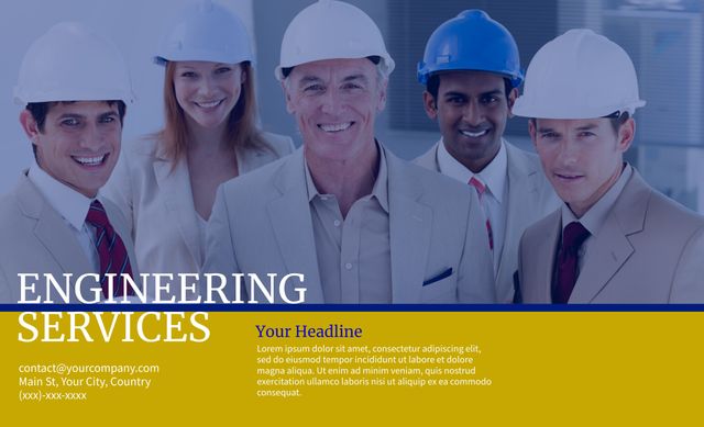 This dynamic image showcases a diverse group of smiling engineers wearing hard hats, emphasizing teamwork, safety, and professional expertise. Ideal for promoting engineering services, construction companies, team collaboration, safety protocols, and industry-related communications.