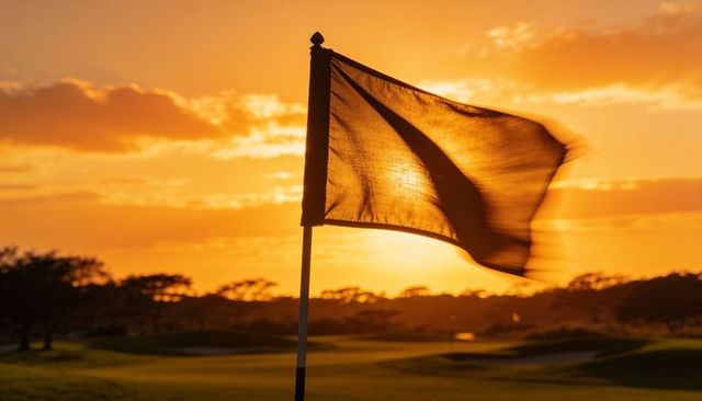 Backlit golf flag fluttering on putting green at golden hour with silhouetted fairway