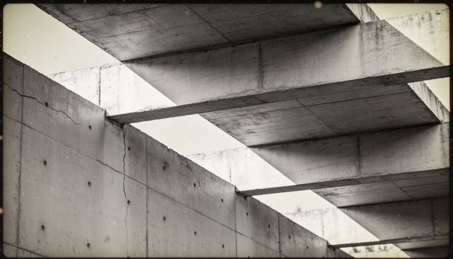 Brutalist concrete beams and slabs creating bold geometric grid and diagonal light