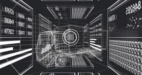 Floating Wireframe Semi-Truck in Virtual Data Room with Circular HUD and Tech Panels