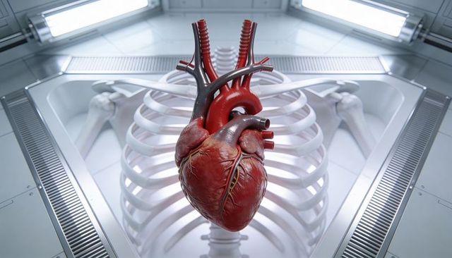 Floating anatomical human heart display in futuristic lab with ribcage and aorta detail