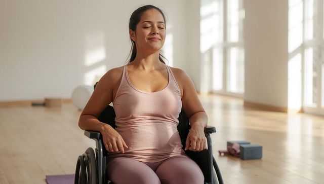 Serene latina woman practicing seated breathwork from wheelchair in sunlit yoga studio