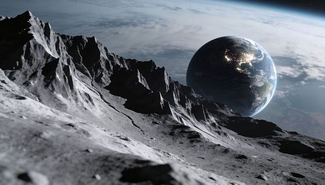 Earthrise over rugged lunar ridge with city lights on distant earth