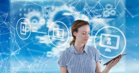 Businesswoman Using Tablet Against Virtual Network