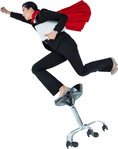 Businesswoman in cape leaping from stool in superhero pose transparent background